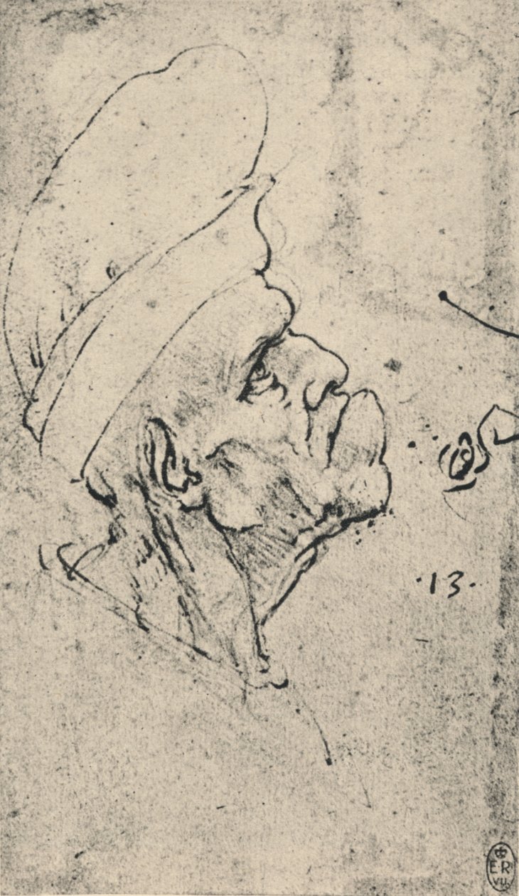 Karikatuur van een man met een hoed naar rechts, ca. 1480 door Leonardo da Vinci