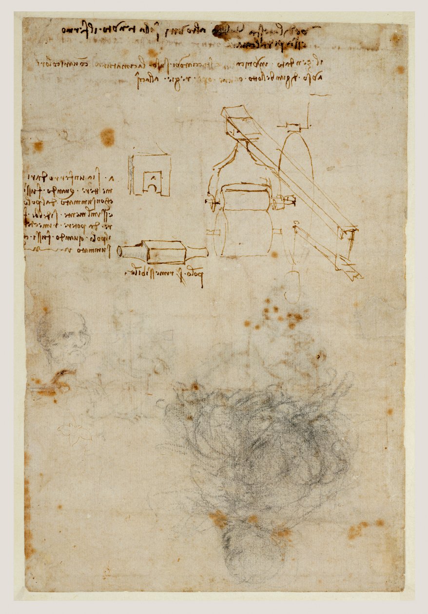 Hoofd van een oude man en studies van machines door Leonardo da Vinci