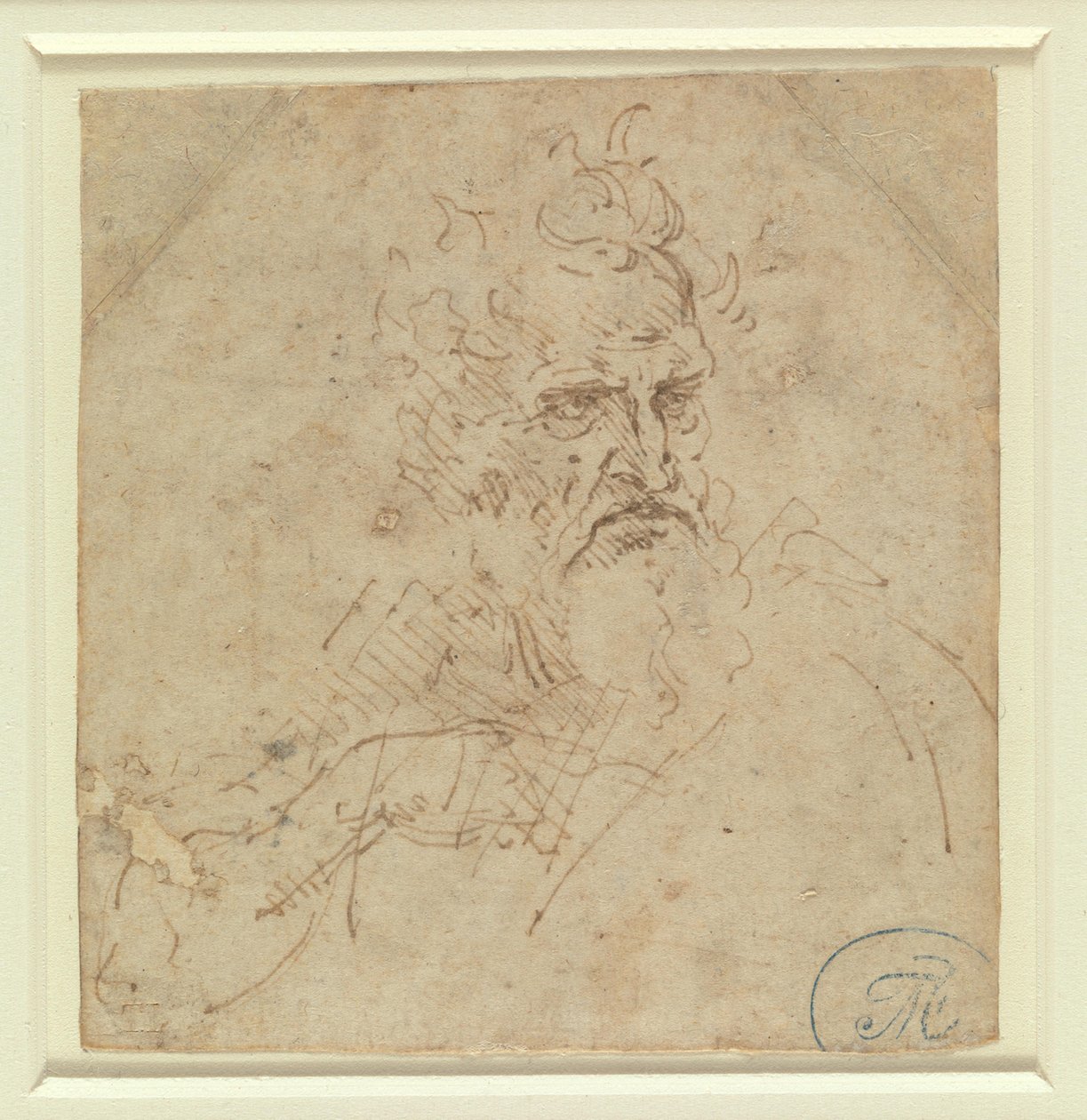 Hoofd van een grimmig kijkende grijsaard met rechterarm door Leonardo da Vinci