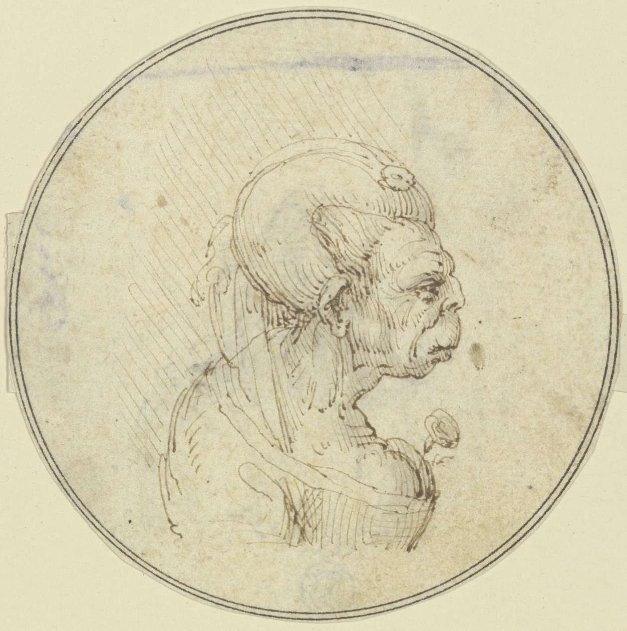 Karikatuur van een oude vrouw, borstbeeld met een roos op de borst, in profiel naar rechts door Leonardo da Vinci