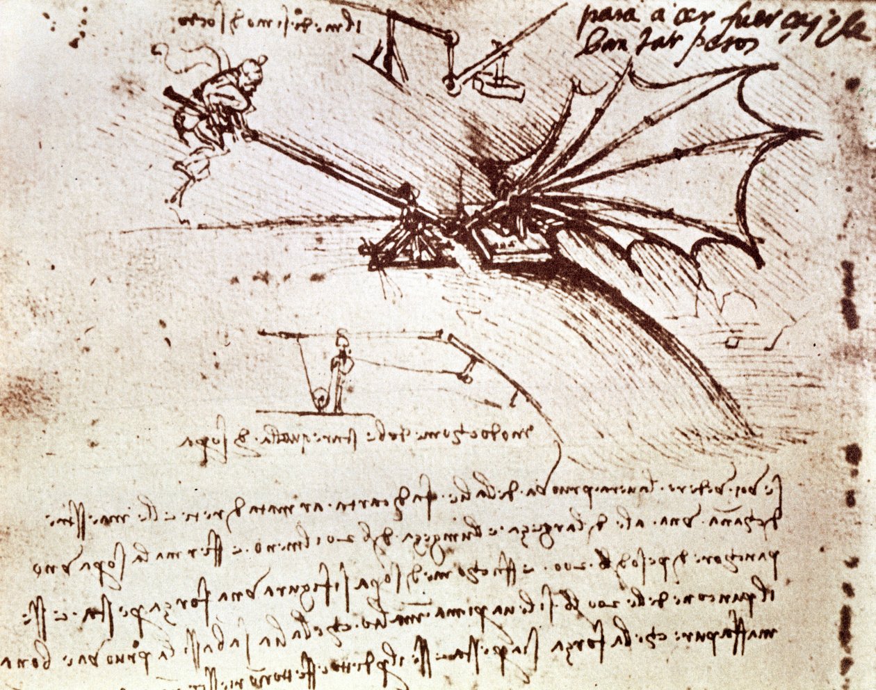 MS B fol.88v Testen van de belastbaarheid van een vleugel door Leonardo da Vinci