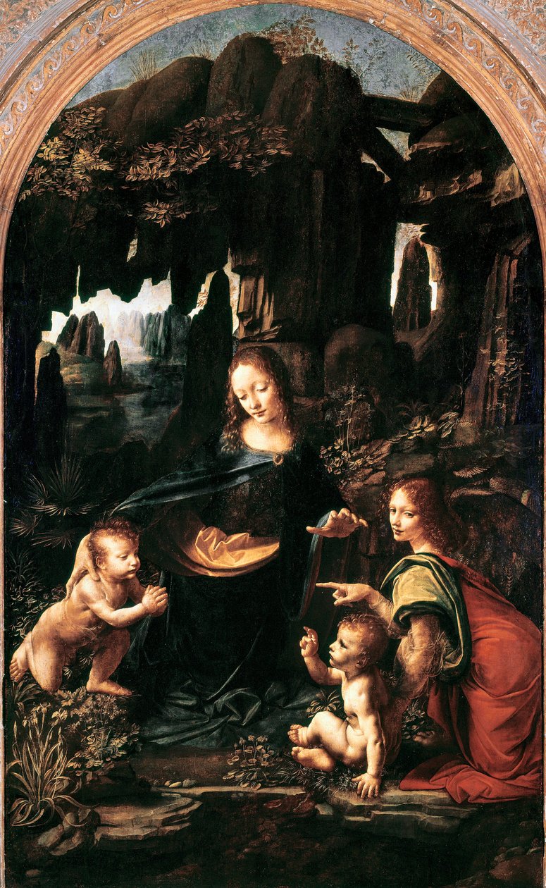 Madonna van de Rotsen, ca. 1483-94 (olieverf op paneel overgebracht op doek) door Leonardo da Vinci