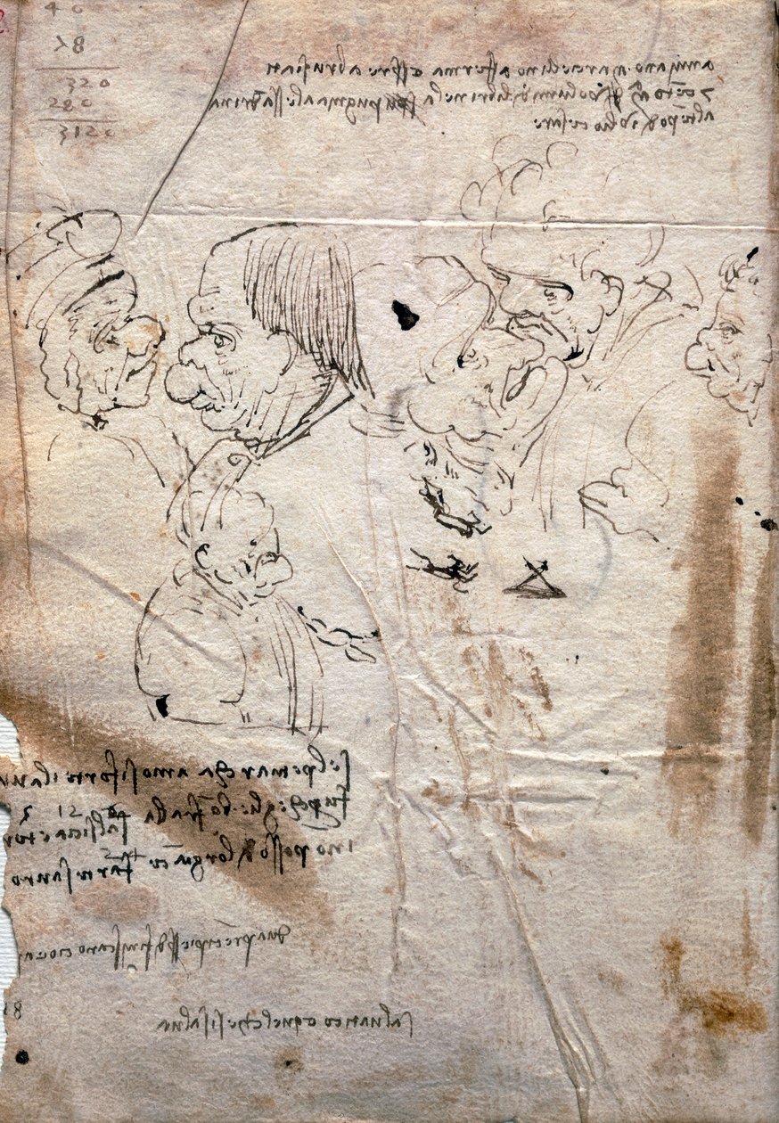 Mannelijke karikaturen en bibliotheeklijst, Codex Trivulzianus door Leonardo da Vinci
