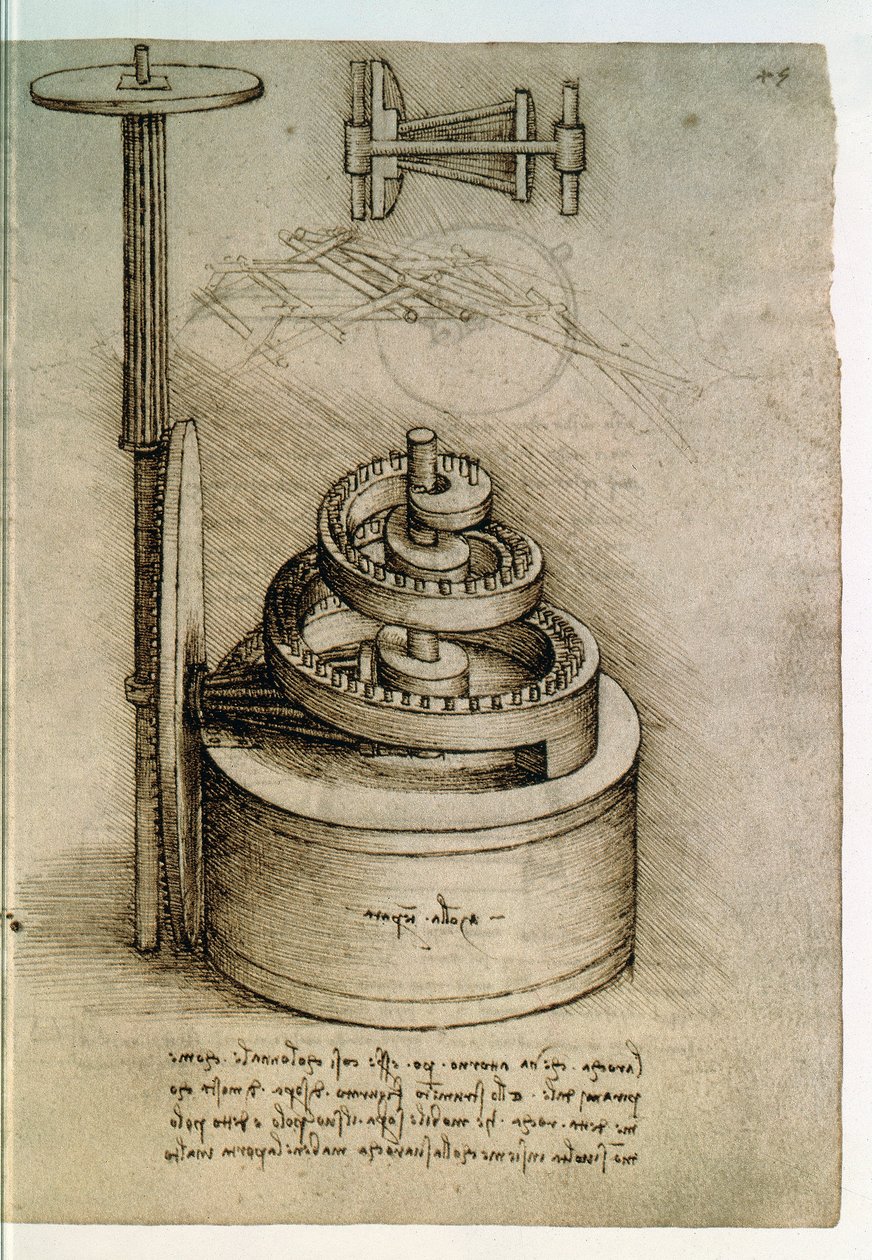 Ms. 8937, Codex Madrid I f.45r, getemperde veer door Leonardo da Vinci