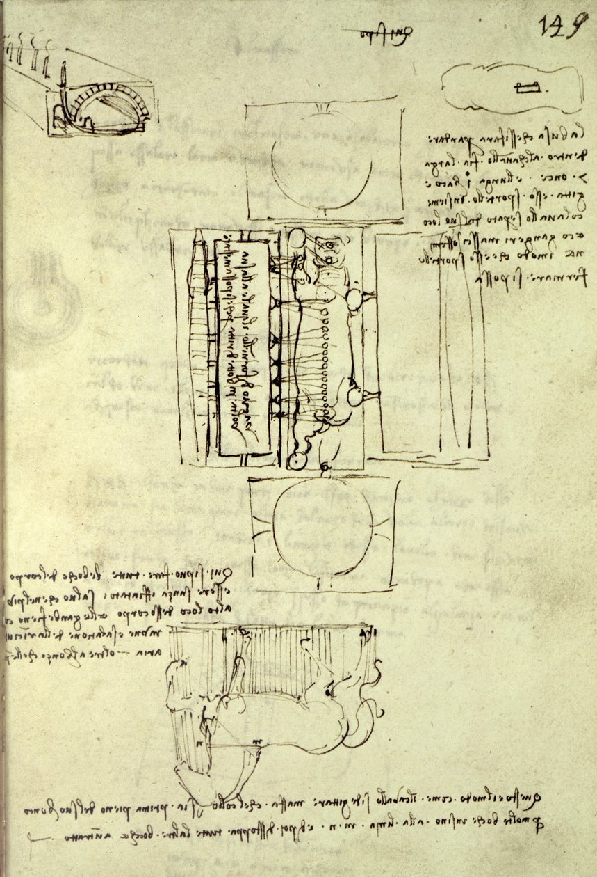 Schets van de gietput voor het Sforza-paard gezien van boven en de zijkant, fol. 149r uit de Codex Madrid I, c.1493 door Leonardo da Vinci