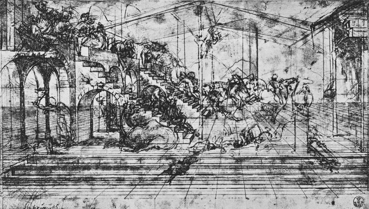 Studie van het Perspectief van de Achtergrond van de Aanbidding der Wijzen, 1481 door Leonardo da Vinci
