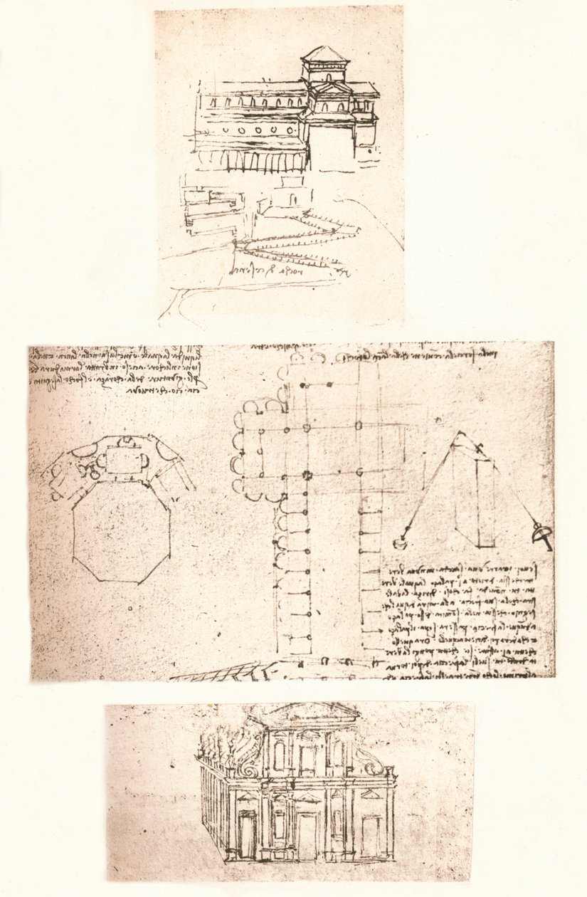 Drie tekeningen van kerken, ca. 1472-ca. 1519 1883 door Leonardo da Vinci