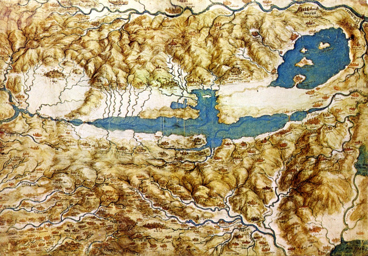 Topografisch uitzicht op het platteland rond de vlakte van Arezzo en de Val di Chiana, begin 16e eeuw door Leonardo da Vinci