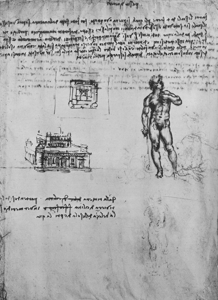 Twee studies van een naaktfiguur en het uitzicht en plan van een gebouw, c1480 1945 door Leonardo da Vinci