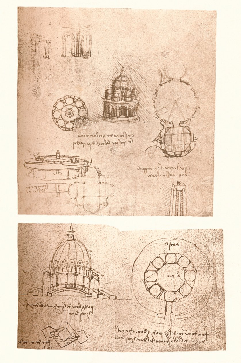 Twee architecturale tekeningen, ca. 1472-1519 door Leonardo da Vinci