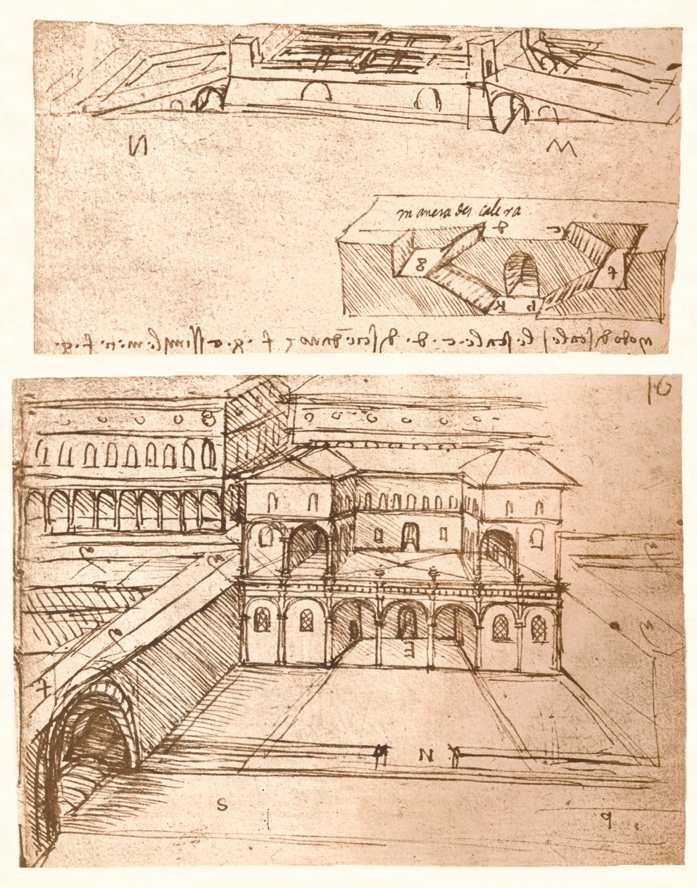 Twee tekeningen van plannen voor steden door Leonardo da Vinci