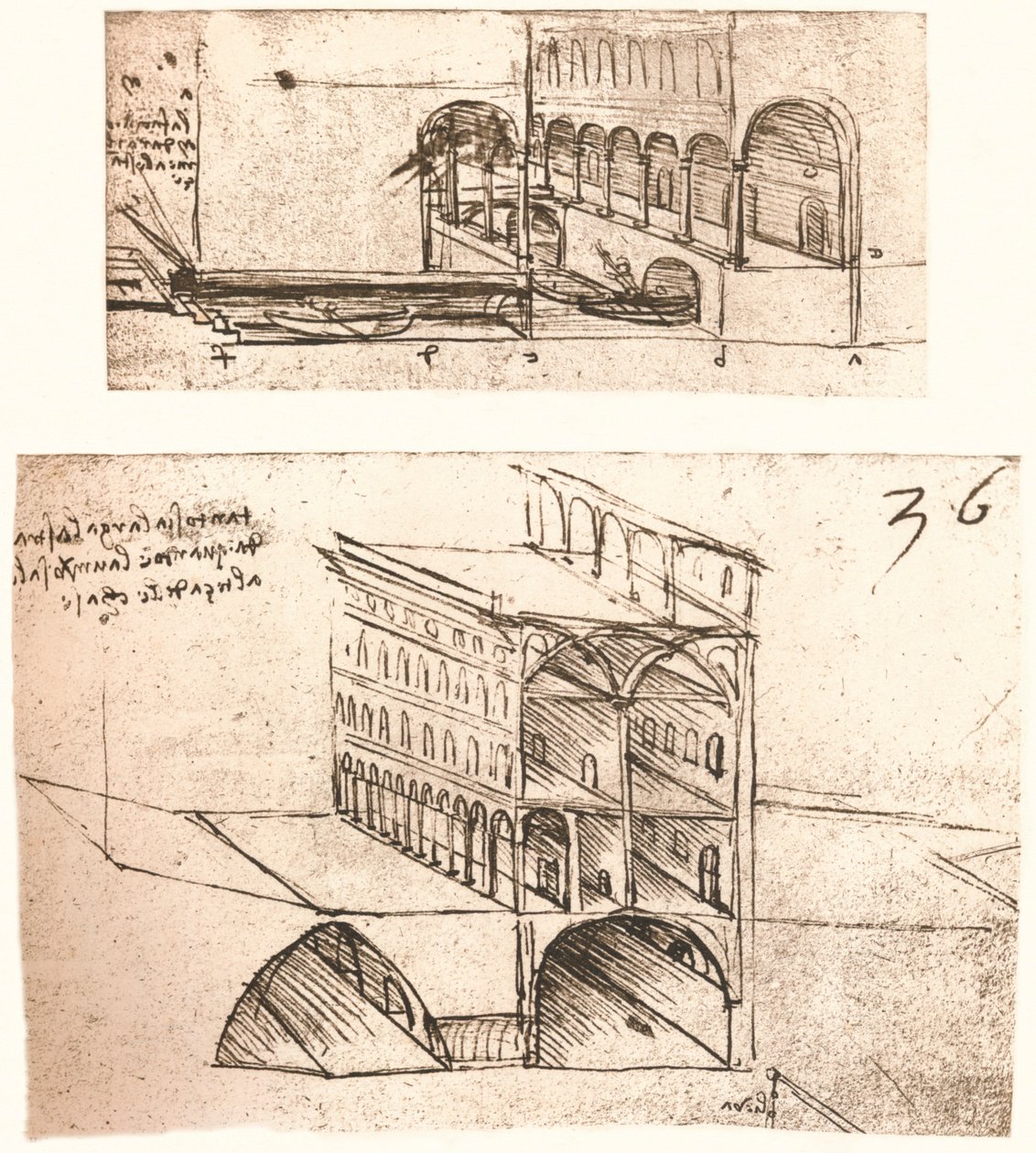 Twee plannen voor kanalen in een stad, ca. 1472-ca. 1519, 1883 door Leonardo da Vinci