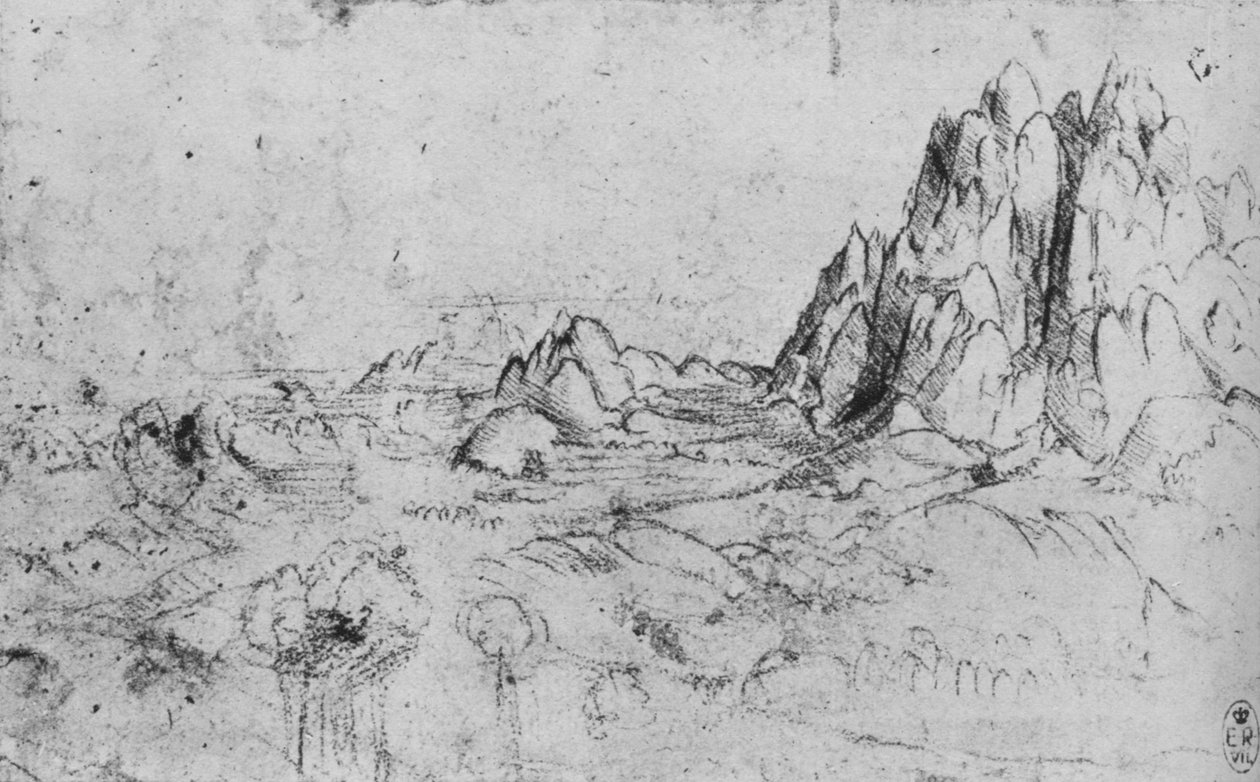 Uitzicht op een Bergketen, ca. 1480 1945 door Leonardo da Vinci