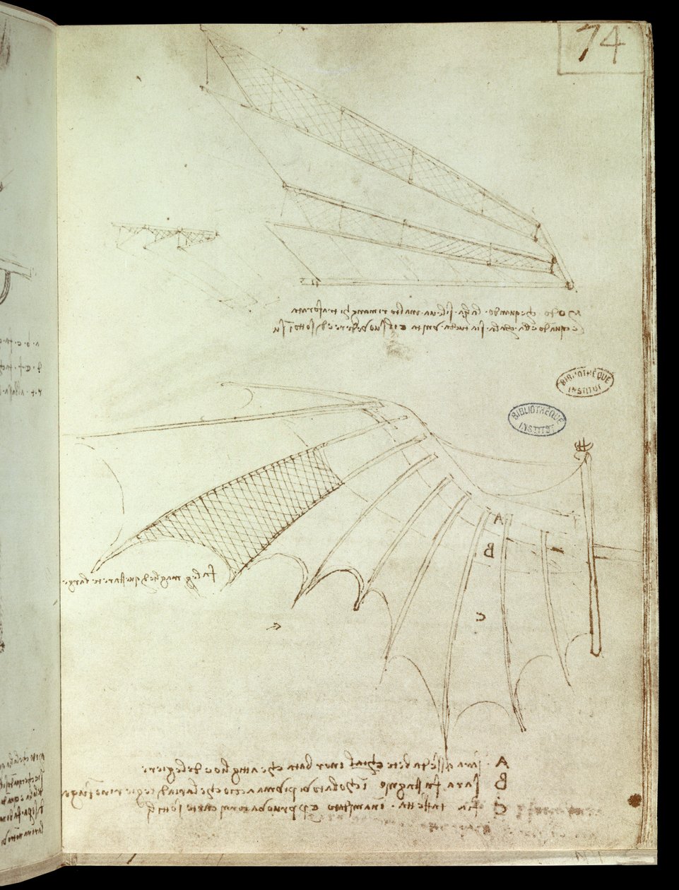 Vleugel. Vliegmachine tekening. Manuscript van Leonardo da Vinci door Leonardo da Vinci