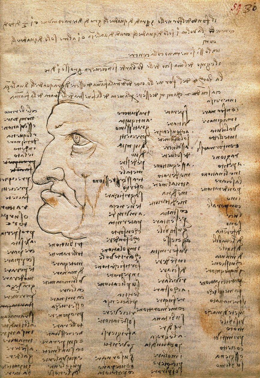 Woordenlijst en mannelijk profiel, uit Codex Trivulzianus door Leonardo da Vinci