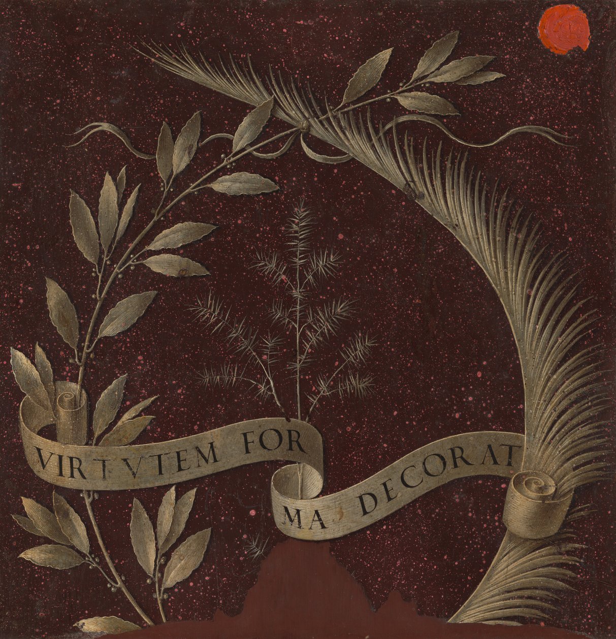 Krans van laurier, palm en jeneverbes met een rol inscriptie Virtutem Forma Decorat [achterkant] door Leonardo da Vinci