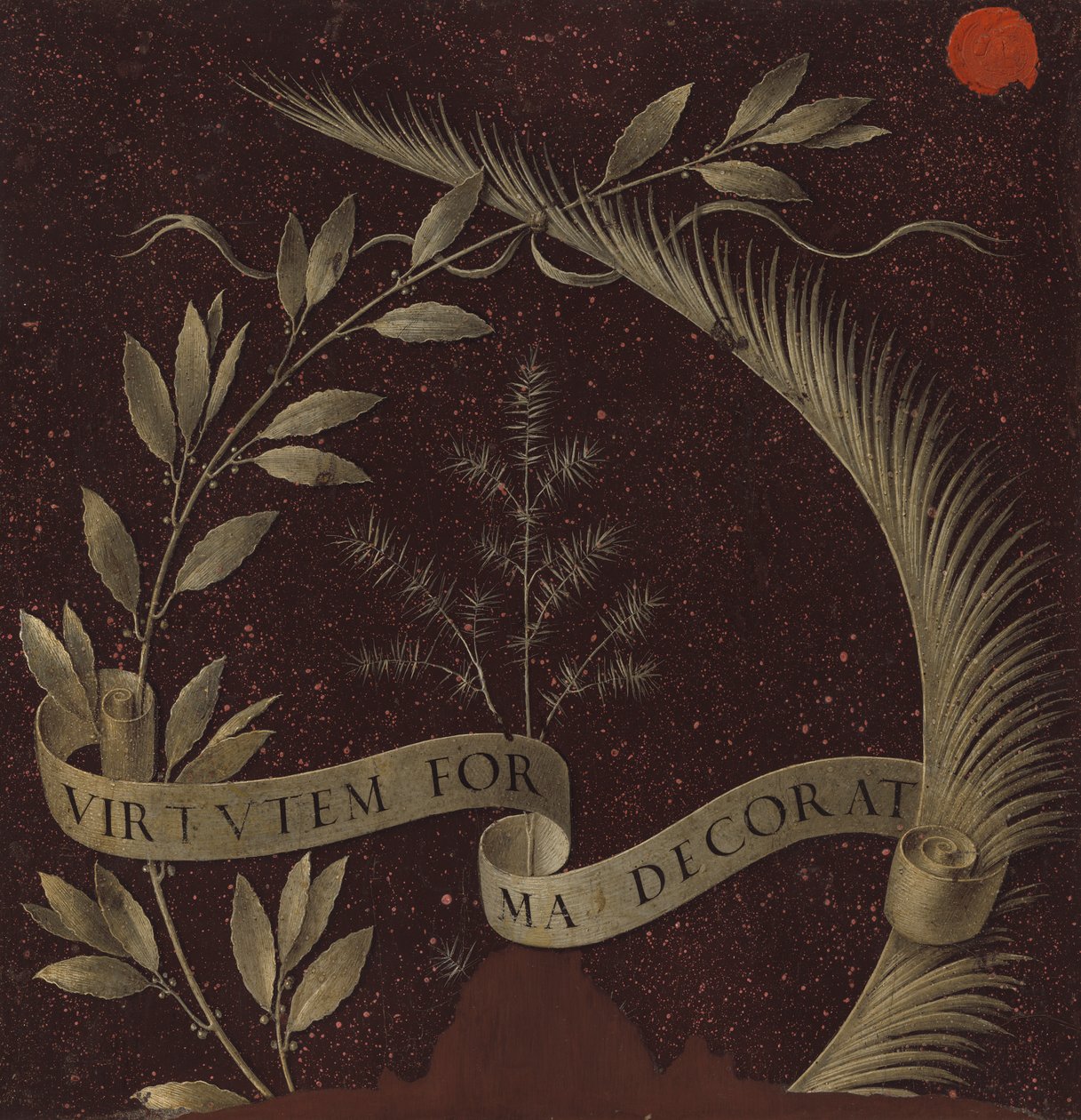 Krans van laurier, palm en jeneverbes met een rol inscriptie Virtutem Forma Decorat, ca. 1474-78 door Leonardo da Vinci