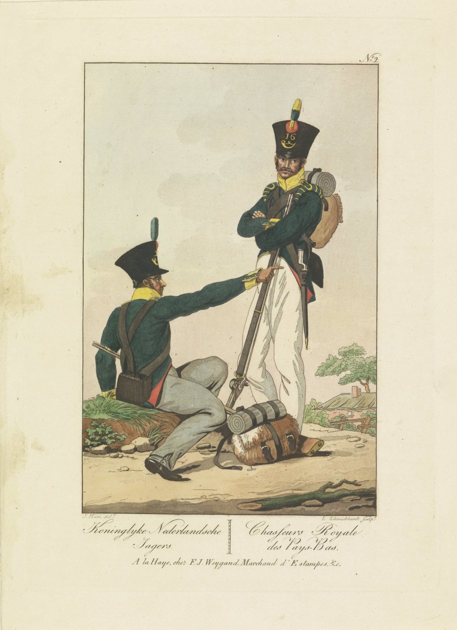 Twee jagers, 1814-1818 door Leonardus Schweickhardt