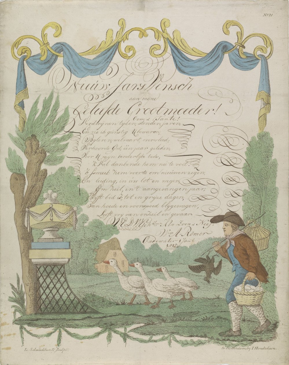 Wensbrief met een boer en zijn ganzen door Leonardus Schweickhardt