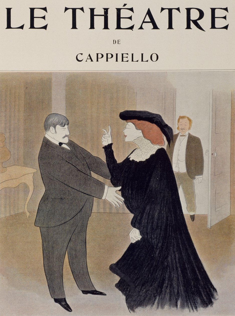 Acteurs Lucien Quitry en Jane Harding in scène uit La Chatelaine, uitgevoerd in Renaissance Theatre in Parijs, tekening door Leonetto Cappiello, titelpagina van tijdschrift Theatre, april 1903 door Leonetto Cappiello