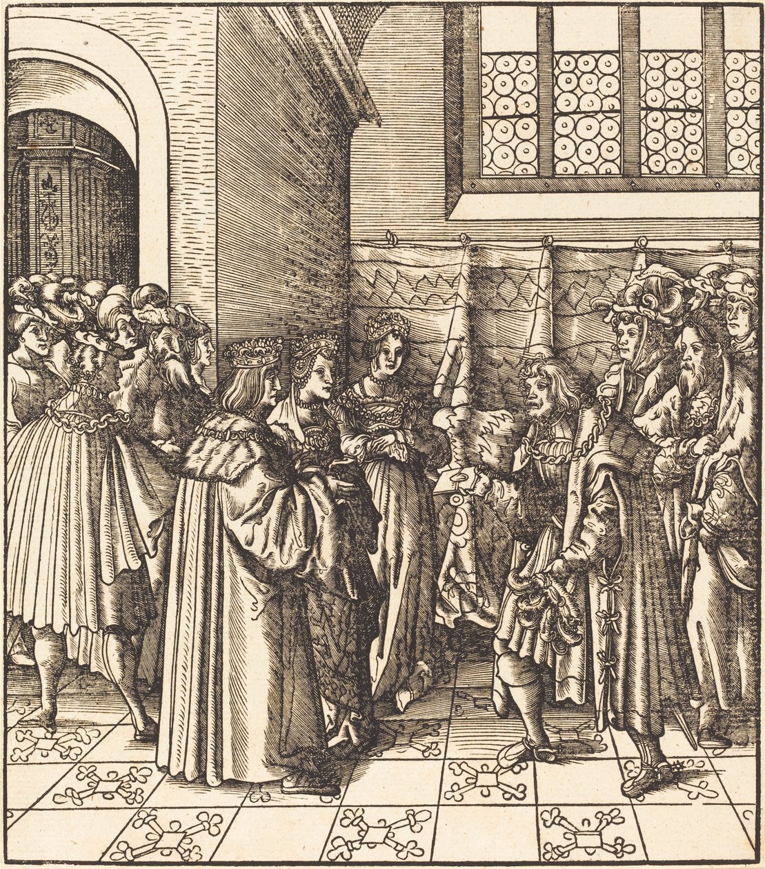 Een legatie voor een koning, naast hem twee vrouwen staand door Leonhard Beck