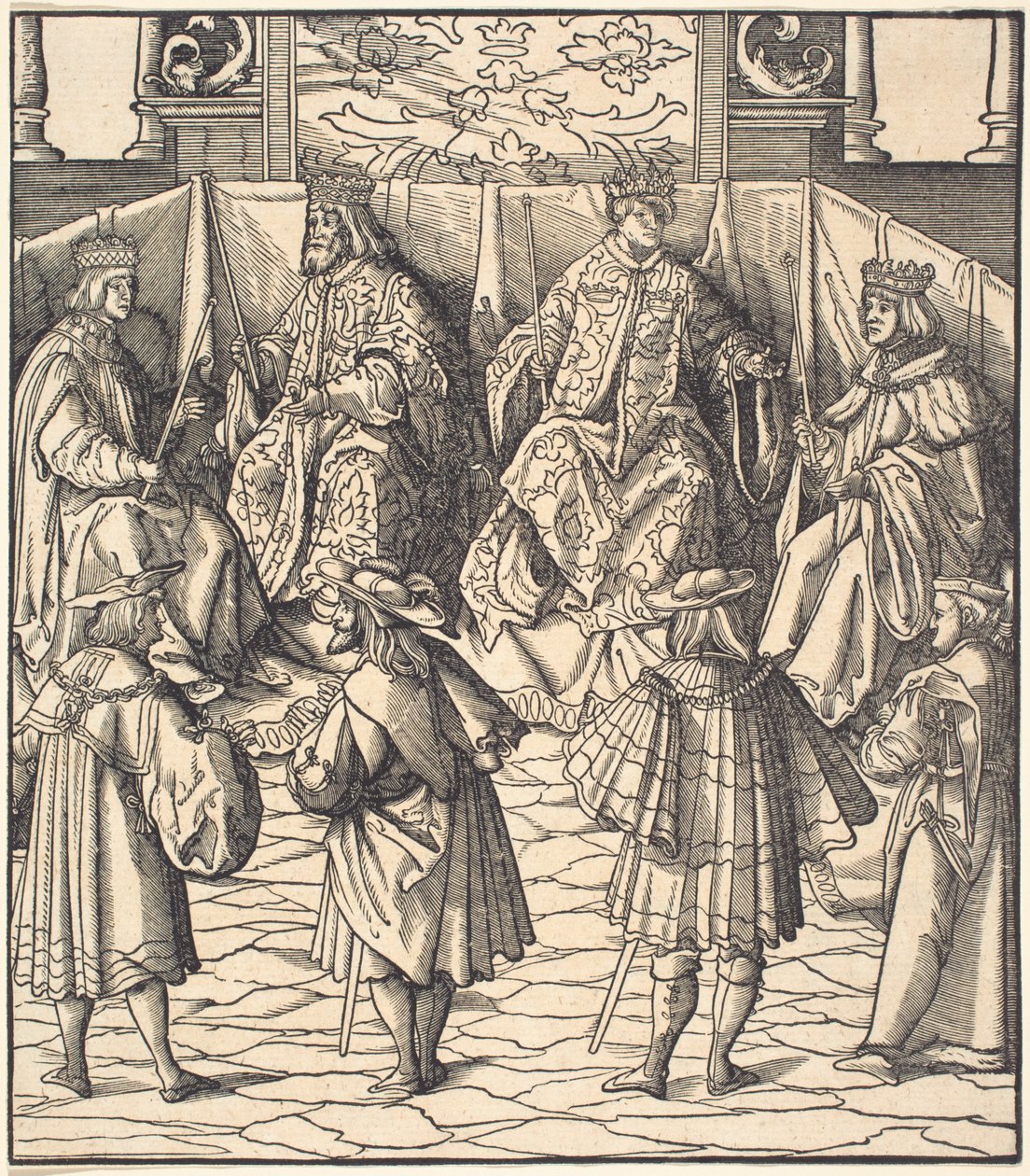 Vergadering van vier koningen, op de voorgrond vier mannen door Leonhard Beck