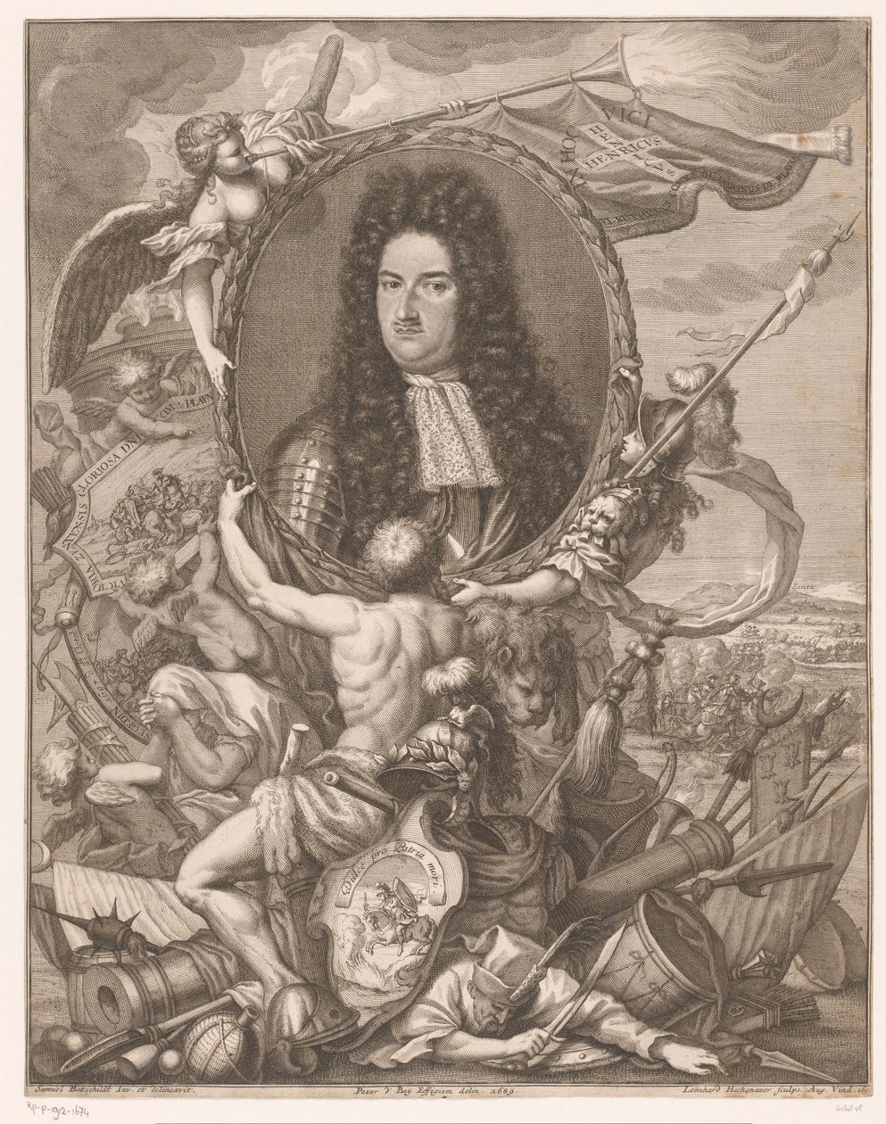 Portret van Eugenius van Savoye gedragen door allegorische figuren door Leonhard Heckenauer