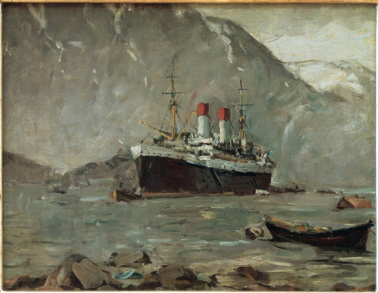 Passagiersstoomboot van Hamburg-Süd in een Noorse fjord door Leonhard Sandrock