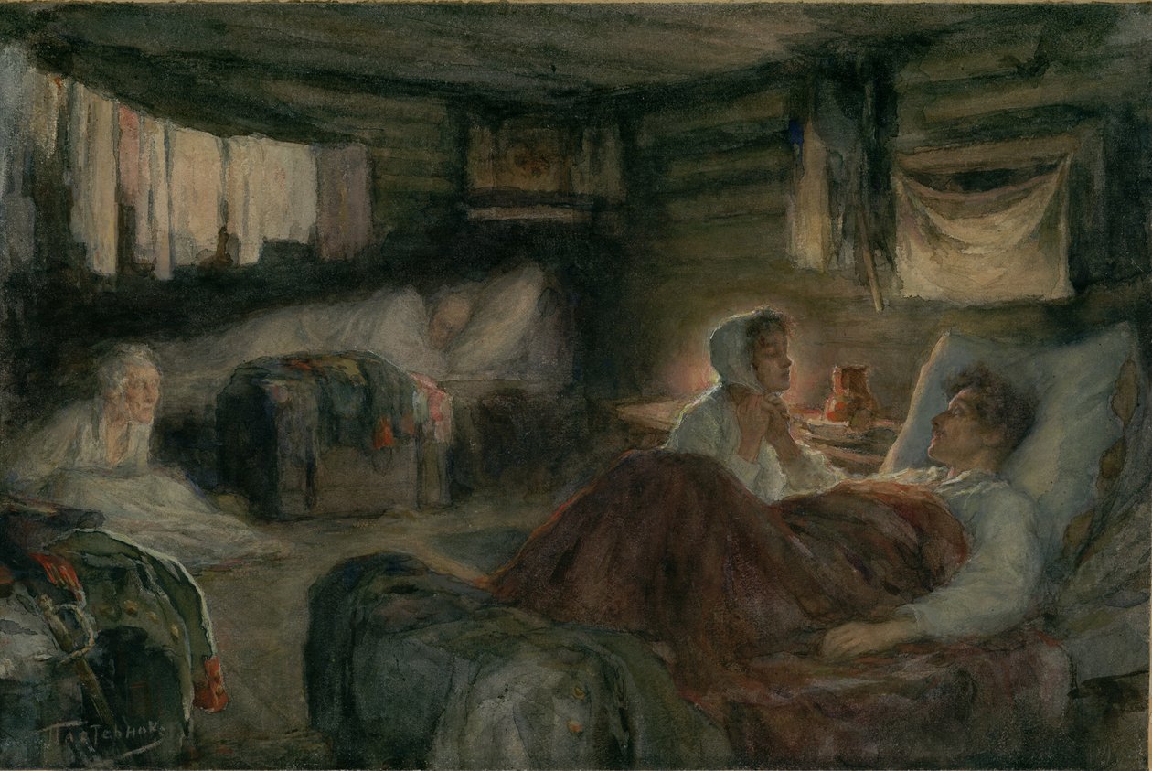 Natasha en de gewonde Prins Andrei in Mytishchi. Illustratie voor de roman Oorlog en Vrede door Leonid Osipovich Pasternak