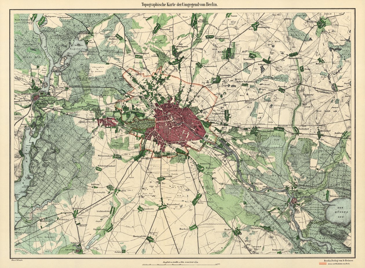 Kaart van Berlijn, gepubliceerd door D. Reimer Verlag, Berlijn, 1871 door Leopold Kraatz