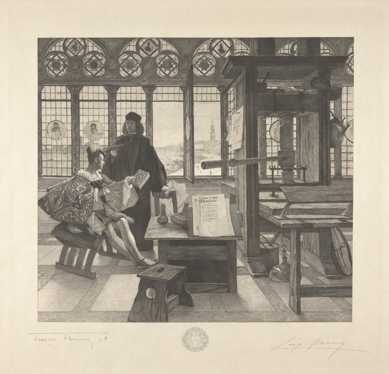 Grolier met de Drukker Aldus Manutius door Leopold Flameng