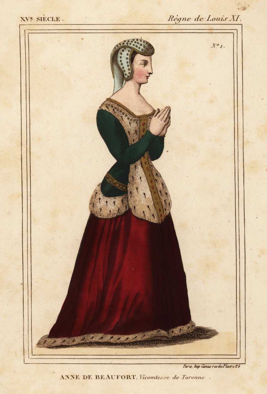 Anne Rogier de Beaufort, Burggraaf van Turenne 1435-1479. Handgekleurde lithografie naar een glas-in-loodraam in de kerk van Cordelieres de Nantes in Roger de Gaignieres