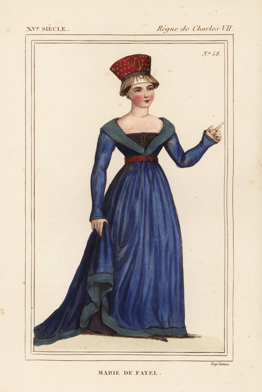 Marie de Fayel, gravin van Dammartin, vrouw van Renaud de Nanteuil, heer van Acy en zus van Jean de Fayel. Handgekleurde lithografie naar een miniatuur in het manuscript Histoire du Comte Gerard de Nevers in Roger de Gaignieres