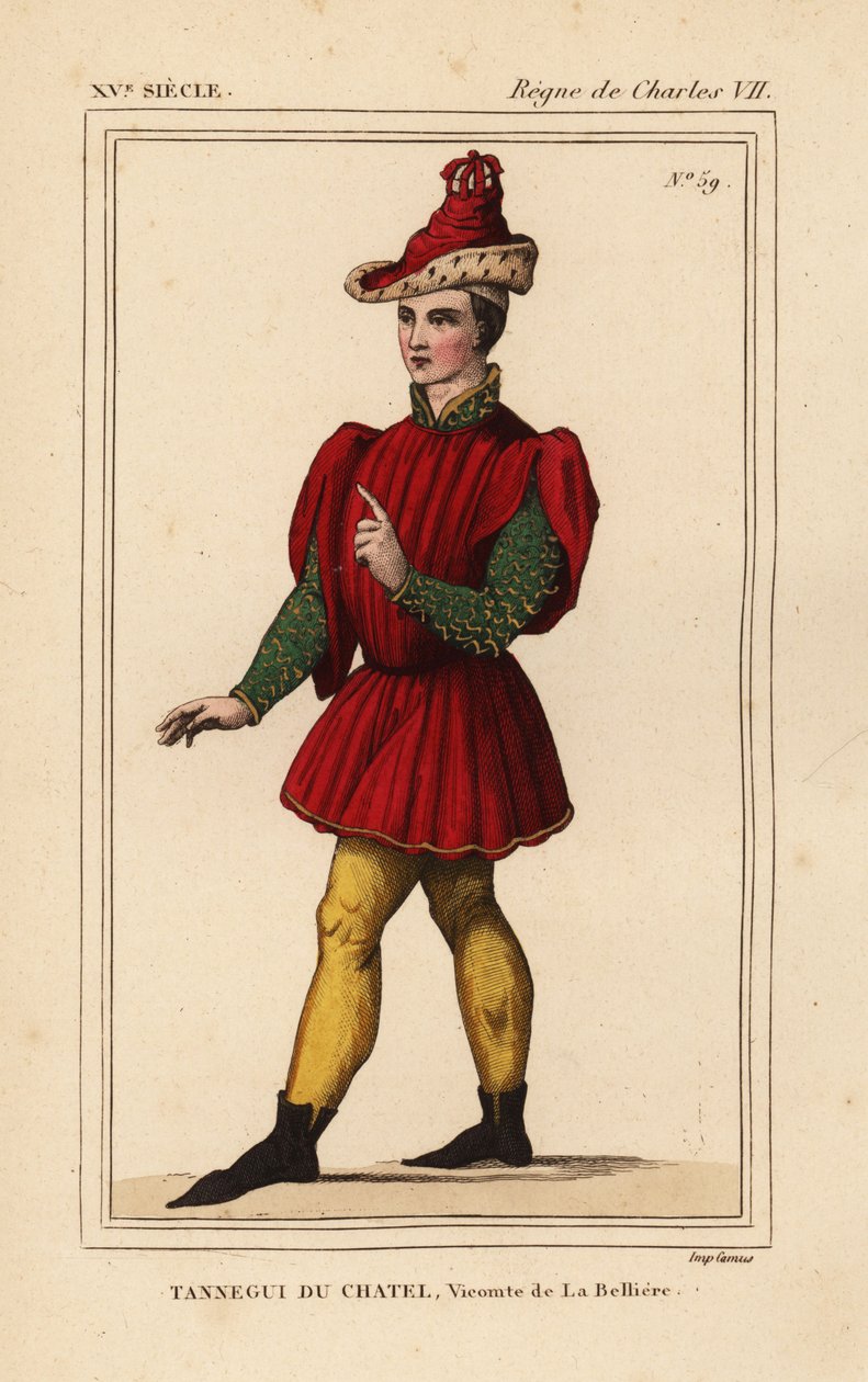 Tanneguy IV du Chatel, Burggraaf de la Belliere, Grootmeester van het Hotel van Francis II, Hertog van Bretagne, d. 1477. Handgekleurde lithografie naar een figuur in een wandtapijt dat Esther en Mordecai afbeeldt in Roger de Gaignieres