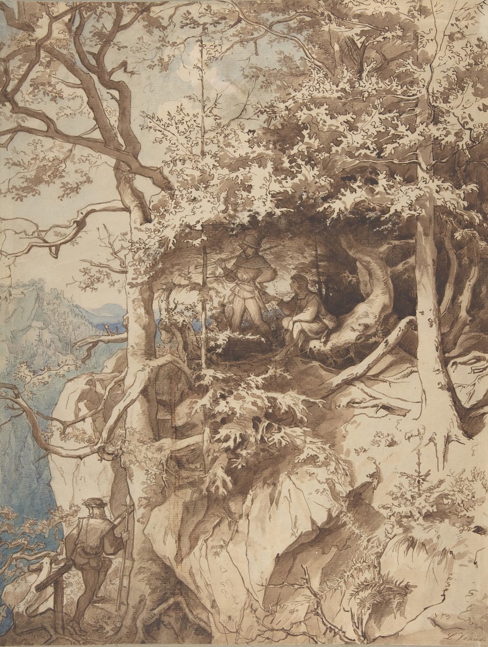 Jagers in een uitkijkpunt op een berg, ca. 1870 door Leopold Venus