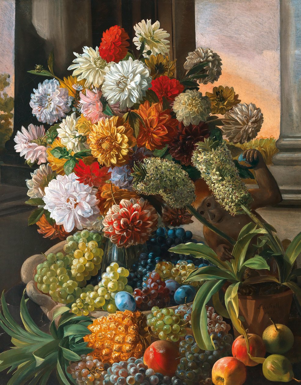 Leopold von Stoll Stilleven met bloemen en druiven door Leopold von Stoll