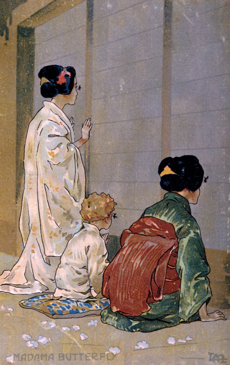 Ansichtkaart gemaakt voor de première van "Madame Butterfly", in Brescia door Leopoldo Metlicovitz