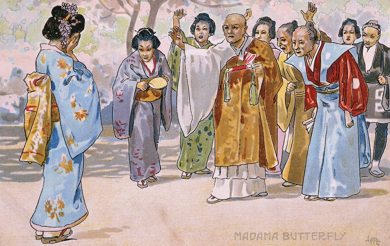 Ansichtkaart gemaakt voor de première van "Madame Butterfly", in Brescia door Leopoldo Metlicovitz