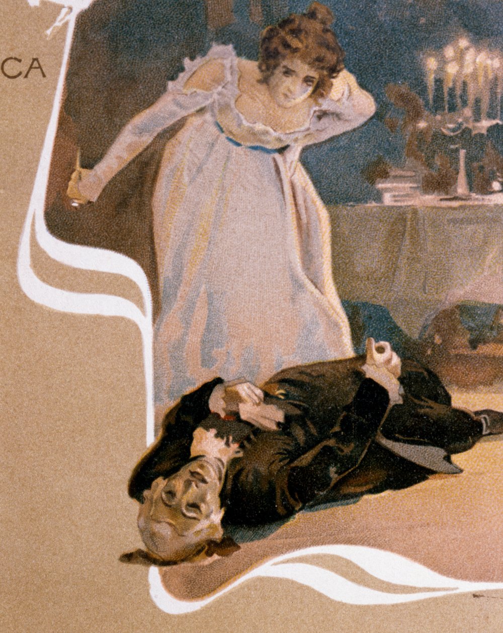 Ansichtkaart geïllustreerd door Leopoldo Metlicovitz met scènes uit Tosca, opera van Giacomo Puccini door Leopoldo Metlicovitz