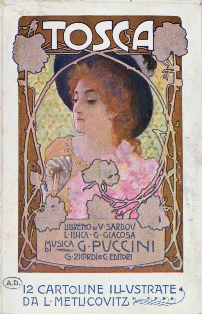 Titelpagina van partituur voor de opera Tosca door Puccini, ca.1910 (kleur litho) door Leopoldo Metlicovitz