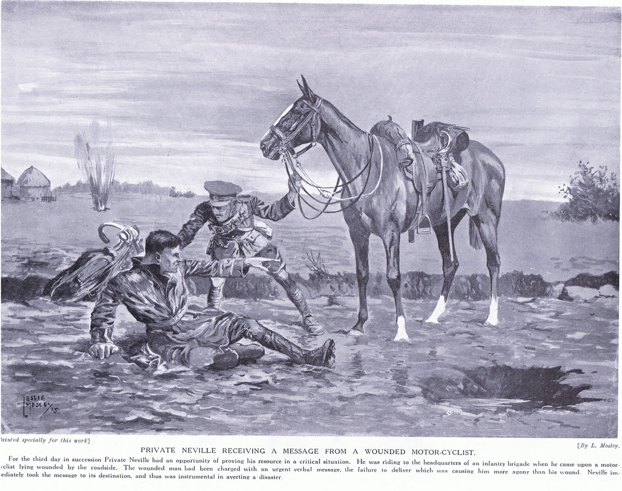 Soldaat Neville ontvangt een bericht van een gewonde motorrijder, Ieper oktober 1914 door Leslie Mosley