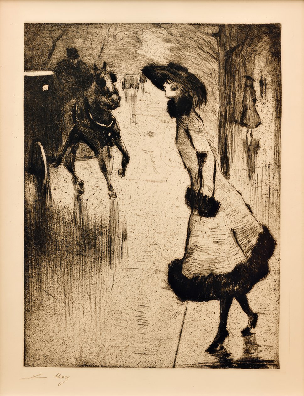 Dame, een Paardentram roepend door Lesser Ury