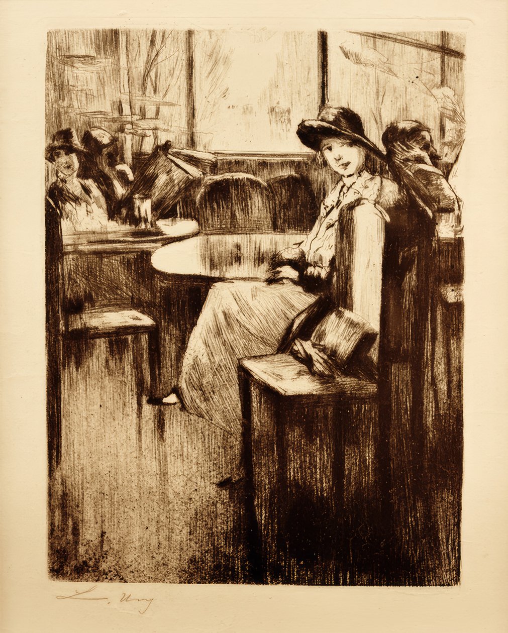 Jong meisje in café met straatzicht door Lesser Ury