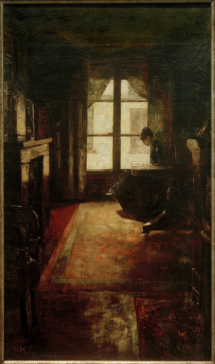 Parijse Interieur (lezende vrouw bij het raam) door Lesser Ury
