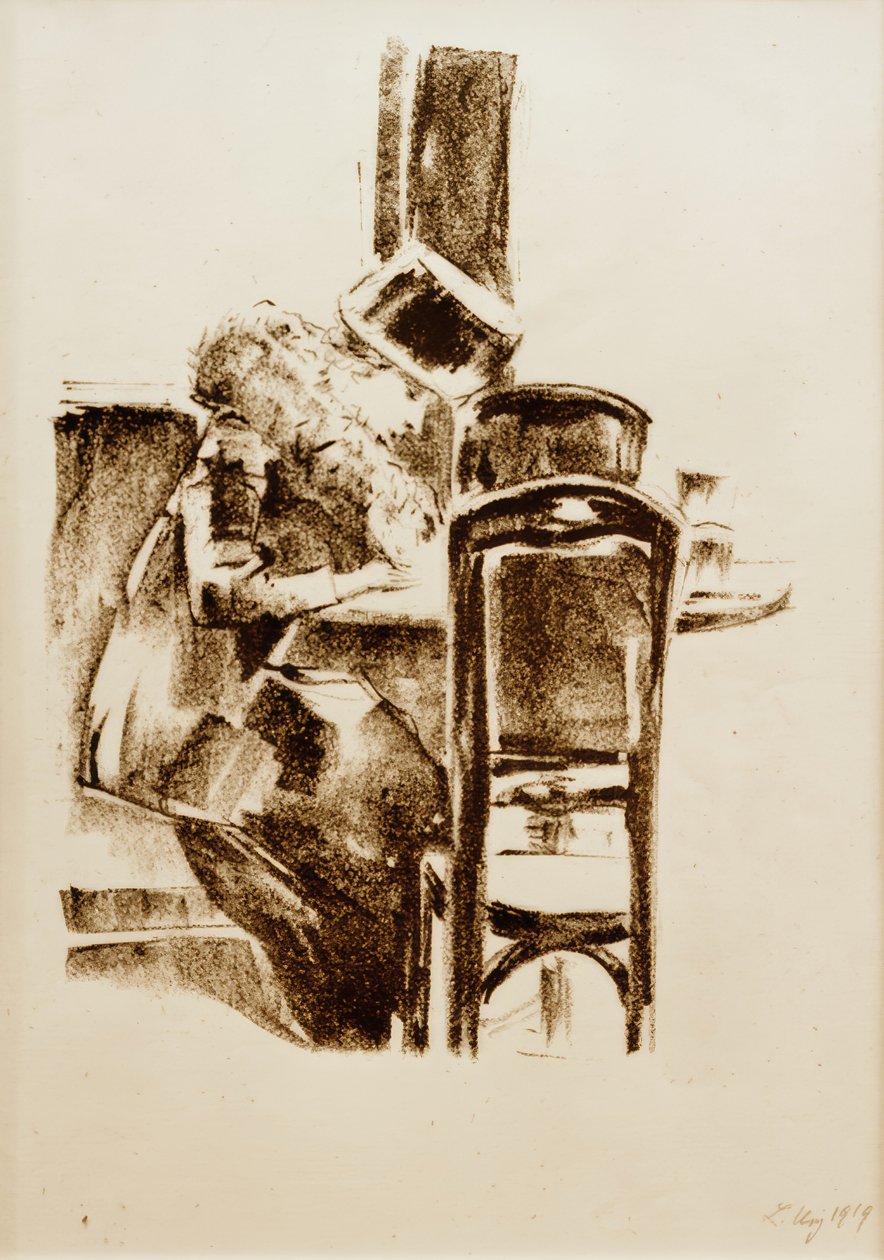 Schrijvende dame met hoed en boa in het café door Lesser Ury