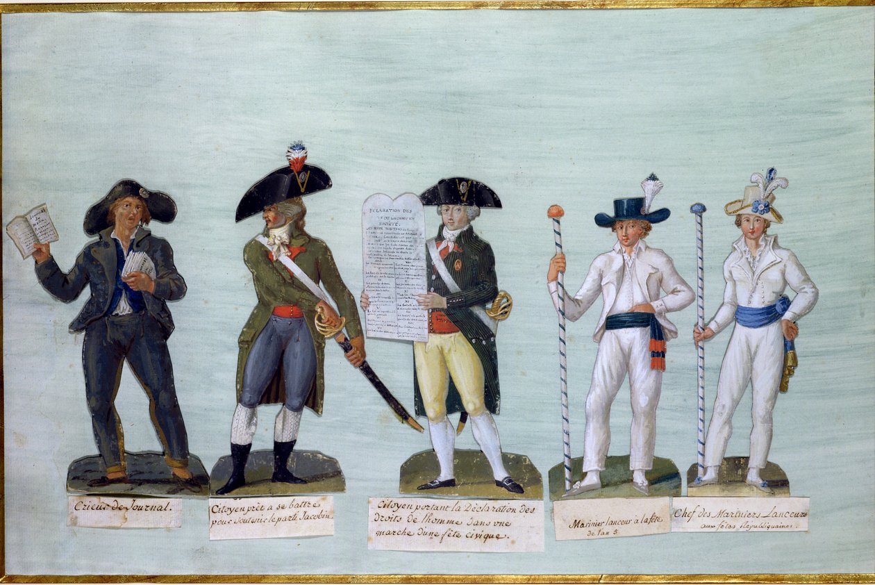 Een krantenverkoper, een burger klaar om te vechten, een burger die de Verklaring van de Rechten van de Mens draagt en twee schippers (gouache op karton) door Lesueur Brothers