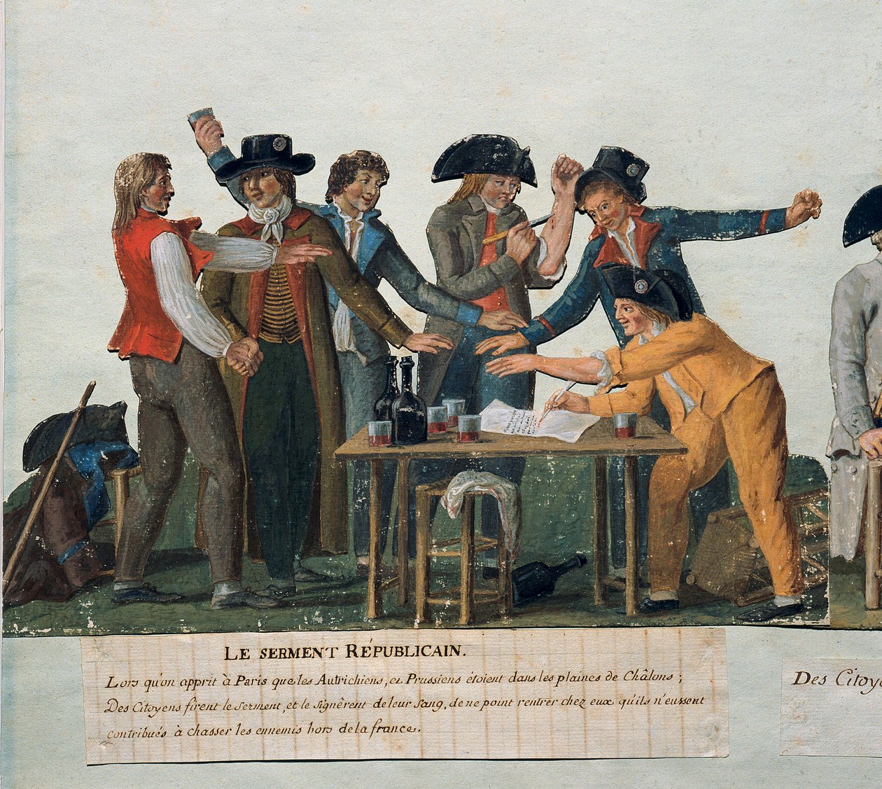 Franse Revolutie: De Republikeinse eed: de burgers zweren met hun bloed niet naar huis terug te keren totdat ze de Oostenrijkers en Pruisen uit Frankrijk hebben verdreven. Gouache van de gebroeders Lesueur (18e eeuw). Parijs, Carnavalet Museum door Lesueur Brothers
