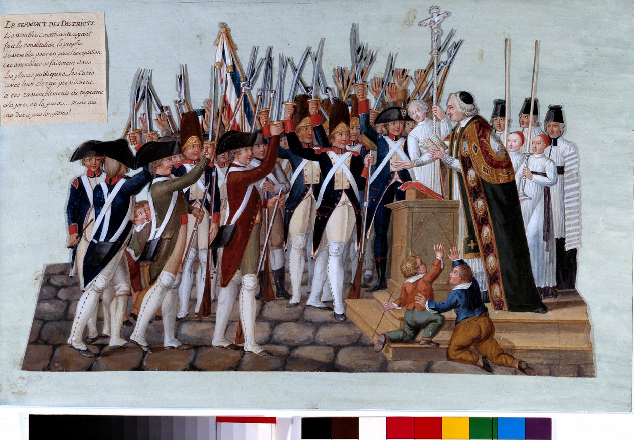 Franse revolutie: de eed van de districten. Na de proclamatie van de Grondwet verzamelde het volk zich op de openbare pleinen, de pastoors leidden de bijeenkomsten. Gouache van de gebroeders Lesueur (18e eeuw). 1789. Parijs, Musee Carnavalet door Lesueur Brothers