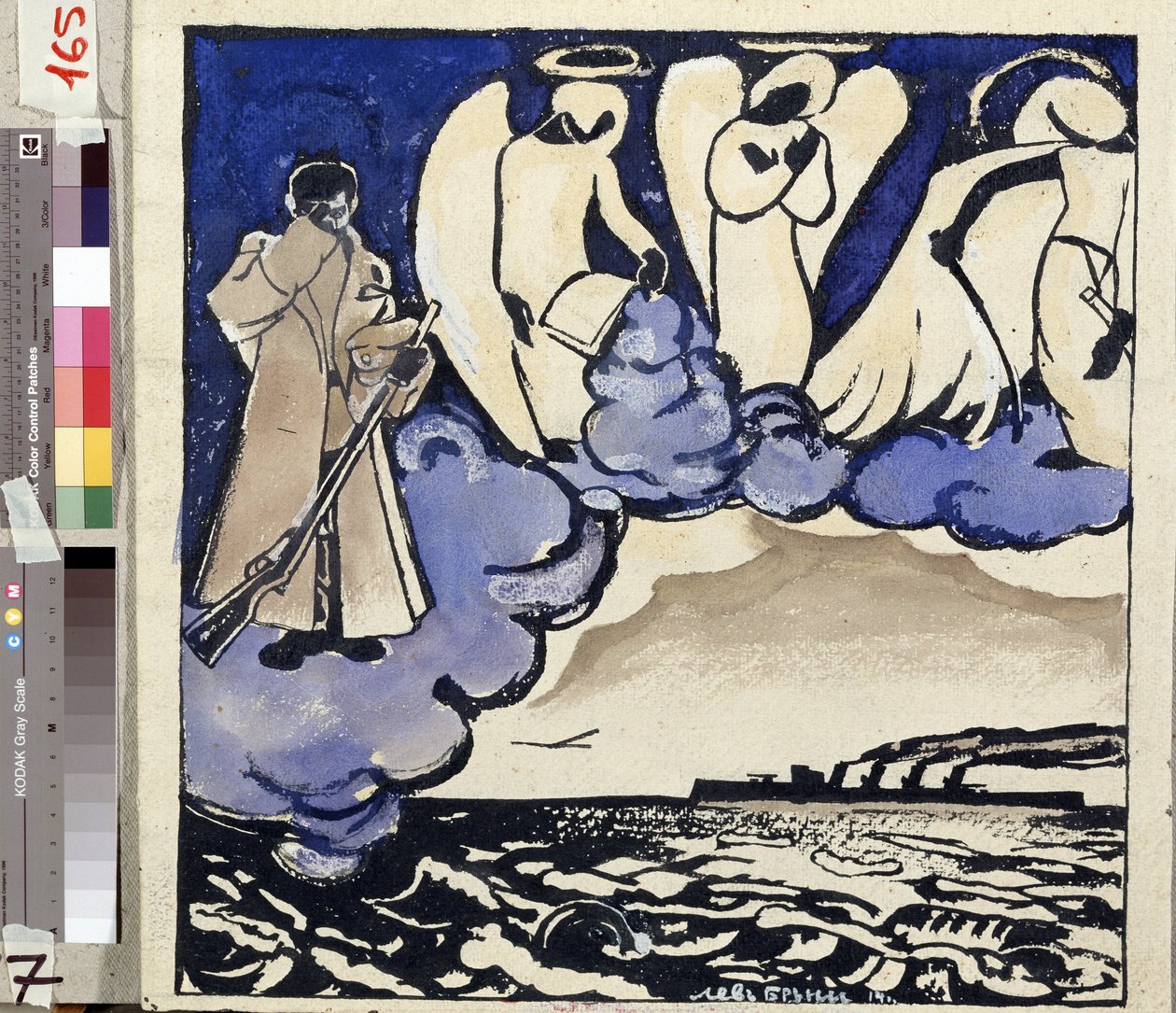 De Oorlog. Rusland. 1914. Allegorie van de Eerste Wereldoorlog. Een soldaat en engelen. Pen en gouache van Lev Bruni door Lev Aleksandrovitc Bruni