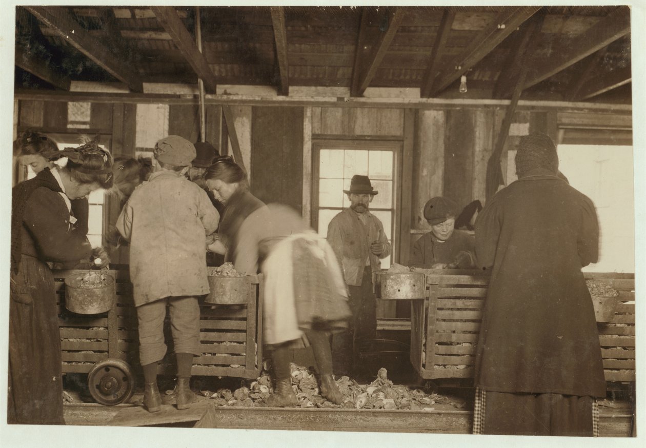 10-jarige Mike Murphy, 7-jarige Annie Healy en 10-jarige Ross Healy (die al 2 jaar werkt) in de schuur van Alabama Canning Co, Bayou La Batre, Alabama, 1911 door Lewis Wickes Hine